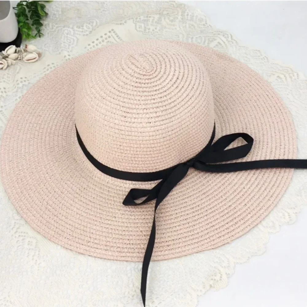 WIDE BRIM SUN HAT IN PINK, KHAKI OR NATURAL WITH‎ A BLACK RIBBON-NEW